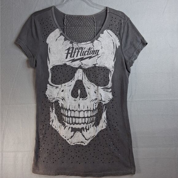 Affliction Skull T-Shirt Women's Large Gray Short Sleeves Studded Lace Cotton - Picture 2 of 11